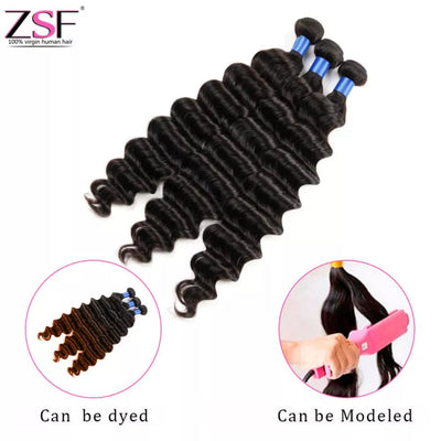 Free Shipping ZSF Hair Loose Deep Wave Virgin Hair 3Bundles With Lace Closure Natural Black 8A Grade