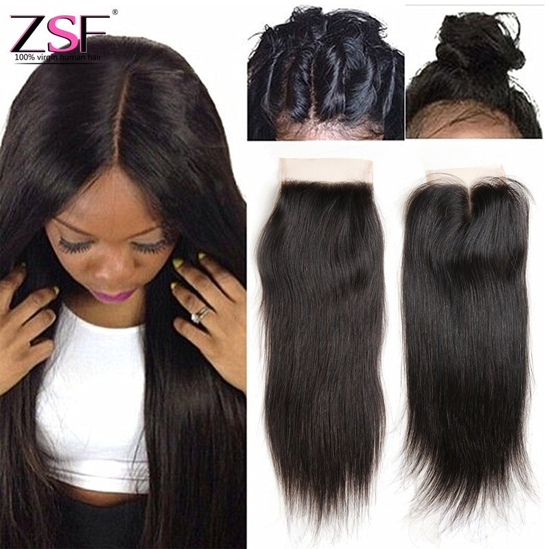 ZSF Hair 8A Grade 4x4/5x5 Lace Closure Straight Human Hair Natural Black Color Middle /Free Part 1 piece