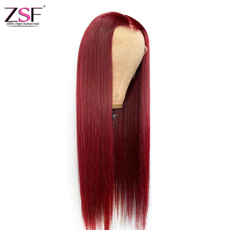ZSF Hair Burgundy 4*4/5*5/13*4/13*6 Transparent Lace Wig Brazilian Straight Colored Human Virgin Hair One Piece.
