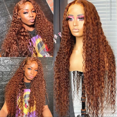 ZSF Hair 33# Copper Chestnut Brown Brazilian Water Wave Curly Copper Transparent Lace Wig Pre Plucked