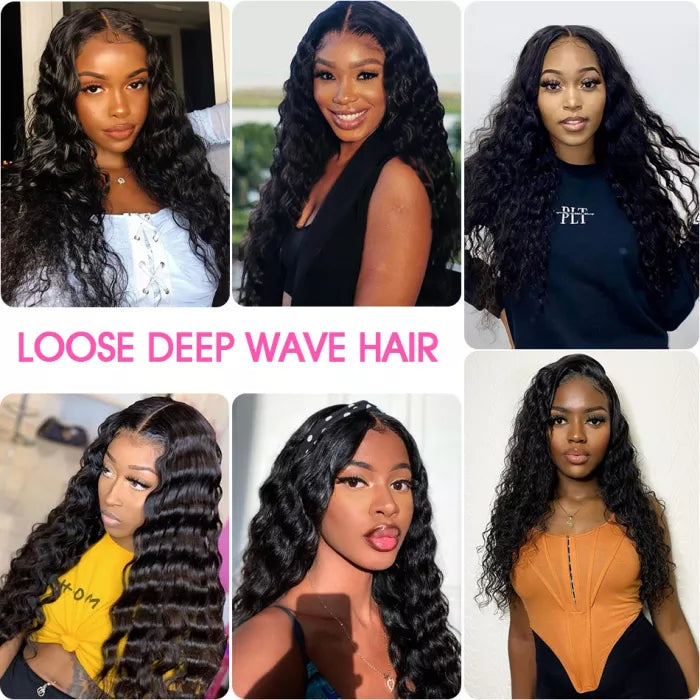 ZSF Hair Loose Deep Wave Virgin Hair 3Bundles With Lace Frontal Natural Black 8A Grade