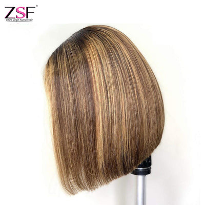 ZSF Hair 4*4/5*5/13*4 Lace Wig 4/27# Highlight Brown Honey Blonde Short Bob Straight 1Piece