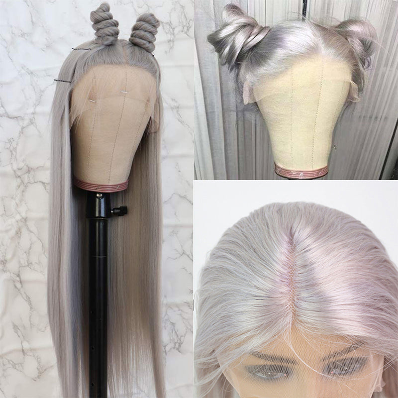 ZSF Best Light Icy Silver Grey Straight Colored Lace Hair Wig For Woman