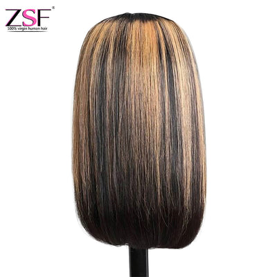 ZSF Hair 1b/27# Highlight Brown Honey Blonde Bob Lace Wig Short Straight 1Piece