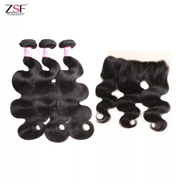 ZSF Body Wave 3Bundles With 13*4 Lace Frontal 8A Grade 100% Human Hair Natural Black