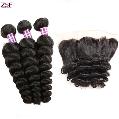 ZSF Hair Loose Wave Virgin Hair 3Bundles With Lace Frontal Natural Black 8A Grade