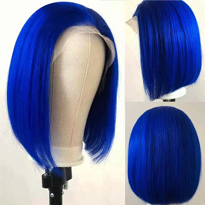 ZSF Hair Blue Straight Virgin Hair Short Bob Lace Wig Frontal Unprocessed Human Hair 1Piece