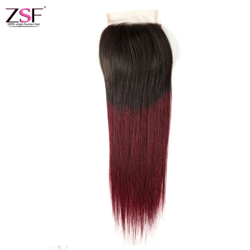 ZSF Hair 8A Grade Straight Human Hair 4x4 Lace Closure Ombre Color 1Piece (1b 99j