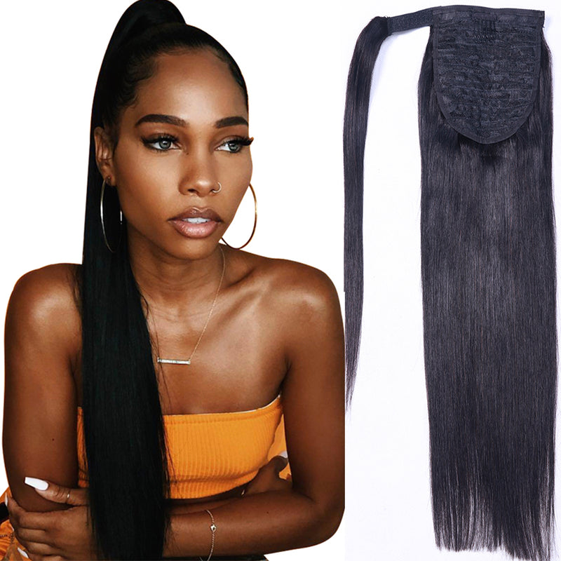 ZSF Straight Ponytail Human Hair With Clip In Extensions Natural Black One Piece