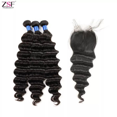 ZSF Hair Loose Deep Wave Virgin Hair 3Bundles With Lace Closure Natural Black 8A Grade