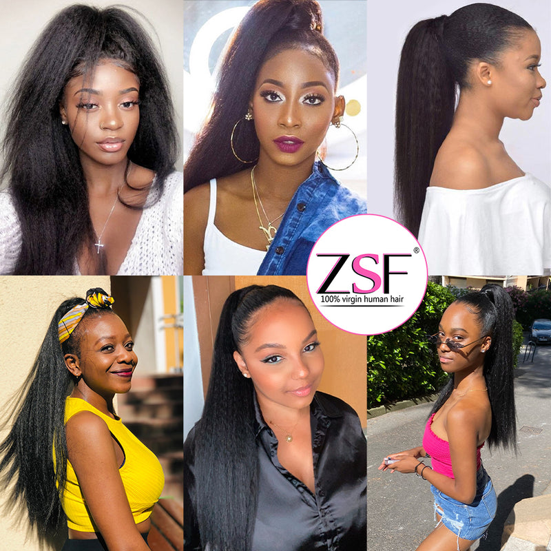 ZSF Kinky Straight Ponytail Human Hair With Clip In Extensions Natural Black One Piece