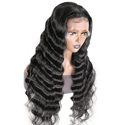 ZSF Hair Loose Deep Wave Invisible 13*4 HD Lace Frontal Wig Human Hair Wig Natural Black