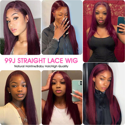 ZSF Hair 99j Straight 4*4/5*5/13*4/13*6 Transparent Lace Wig Brazilian Colored Human Virgin Hair One Piece