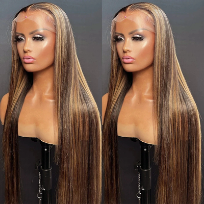 ZSF Honey Blonde/Brown Piano 4/27# Fashion Highlights Straight Lace Human Wig Hair