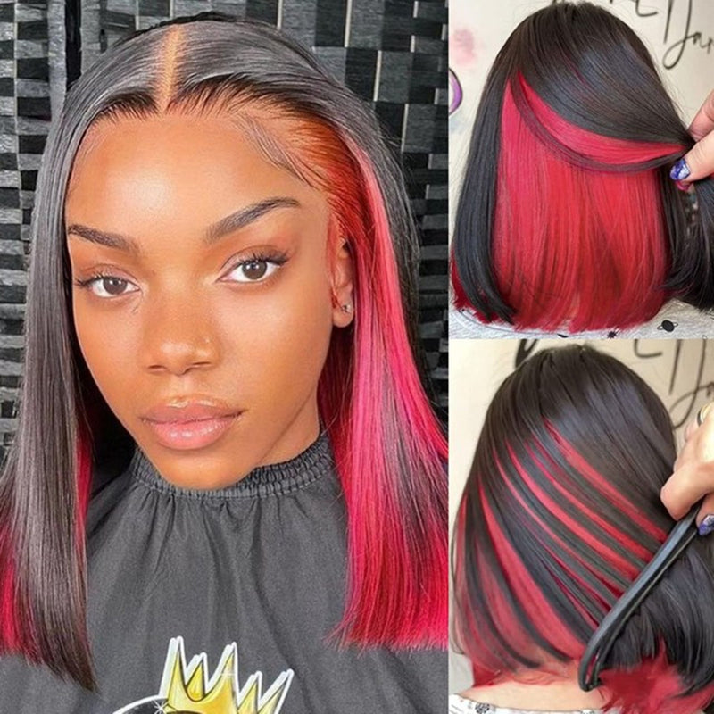 ZSF Hair Peekaboo Color Lace Bob Wig 150% Highlight Straight Virgin Hair Peekaboo Black Red Short Bob Wigs 1Piece