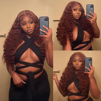 ZSF Auburn Brown #33 Water Wave Copper Transparent Lace Wig Pre-Plucked
