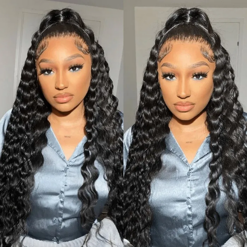 ZSF Hair Loose Deep Wave Invisible Glueless 13*4 HD Lace Frontal Wig Dome Cap Beginner Friendly Unprocessed Human Virgin Hair 1Piece Natural Black