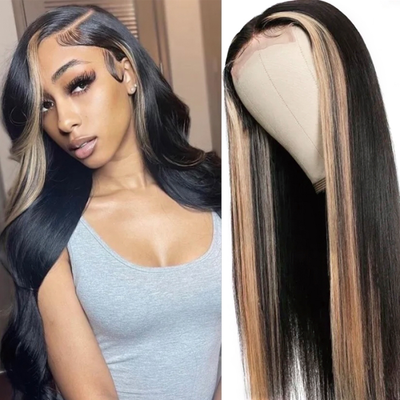 ZSF Hair Skunk Stripe Highlights T27# Brazilian Straight 5*5/13*4 Lace Wig Colored Human Hair Pre Plucked 1PC