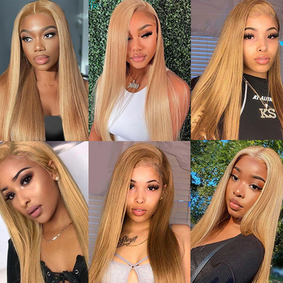 ZSF Hair 27# Invisible Glueless 4*4/5*5 HD Straight Honey Blonde Lace Frontal Wig Dome Cap Beginner Friendly Unprocessed Human Virgin Hair 1Piece Natural Black