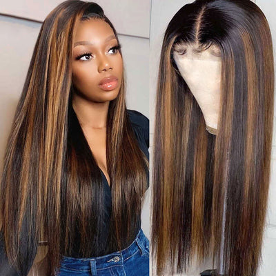 ZSF Hair 1b/30# Highlights Straight Black Dark Blonde 4*4/5*5/13*4/13*6 Brazilian Transparent Lace Wig Pre Plucked 1PC