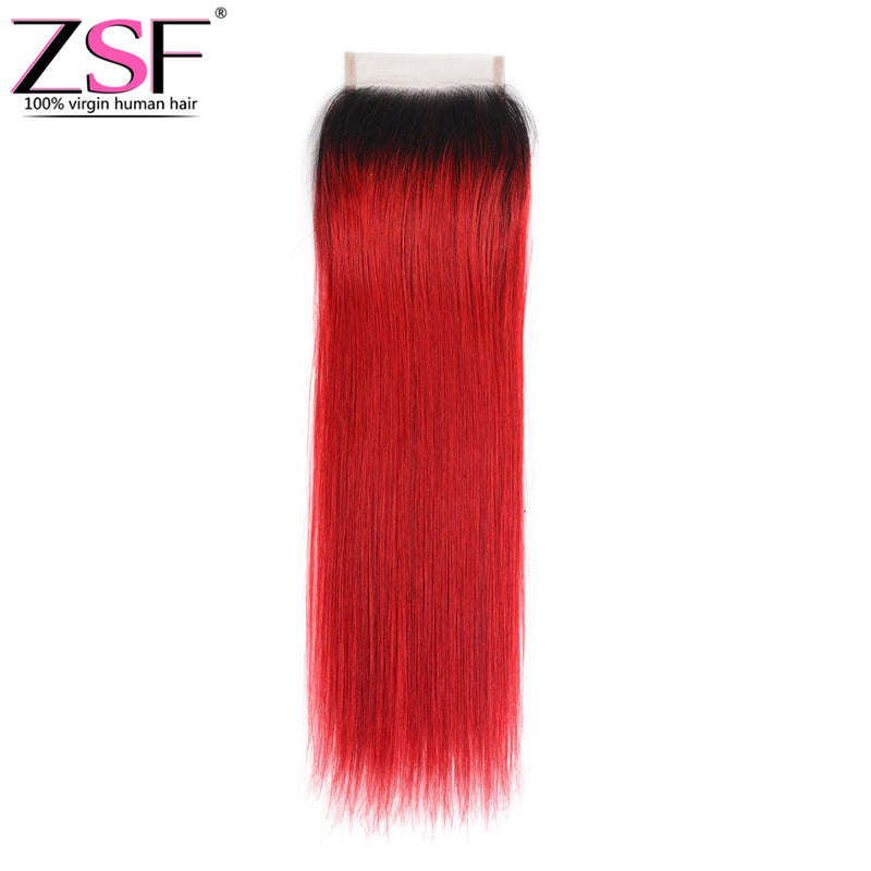 ZSF Hair 8A Grade Brazilian Straight Colored Human Hair 4x4 Lace Closure 1 piece(1B Red)