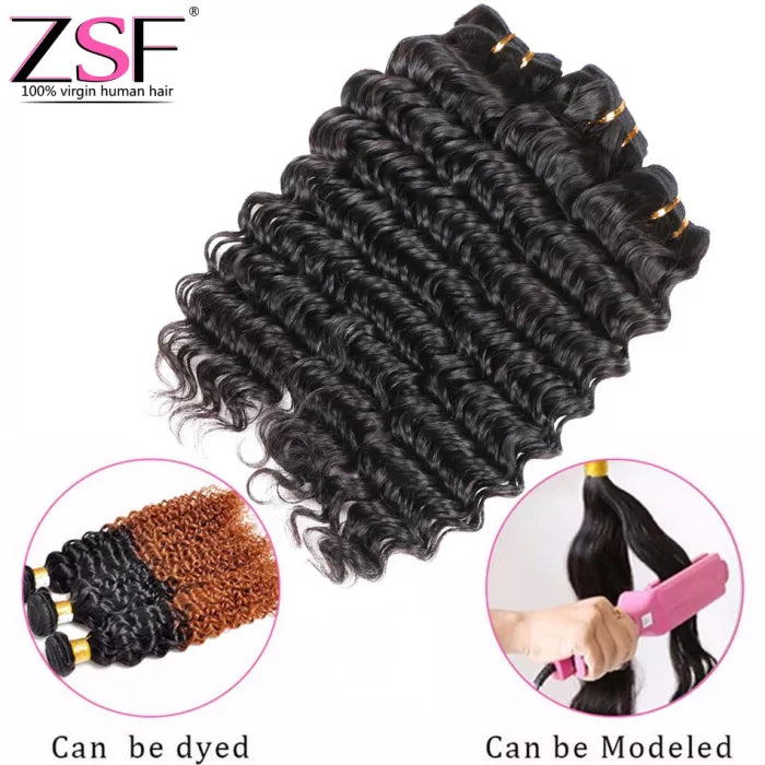 ZSF Hair Deep Curly Virgin Hair 3Bundles With Lace Frontal Natural Black 8A Grade