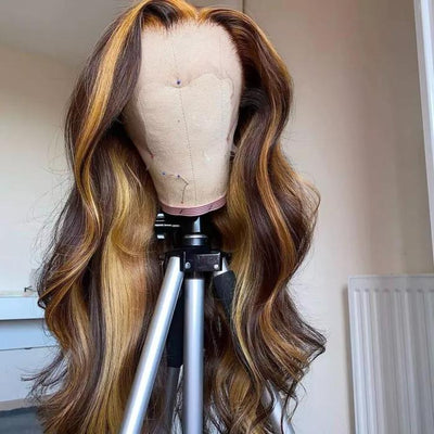 ZSF Hair Highlights 4/27# Brown Honey Blonde Brazilian Body Wave Lace Wig Pre Plucked 1PC
