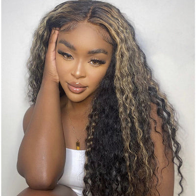 ZSF Hair 1b/27# Highlight Brazilian Water Wave Curly 5*5/13*4 Lace Wig Pre Plucked Honey Blonde/Black Color 1Pc