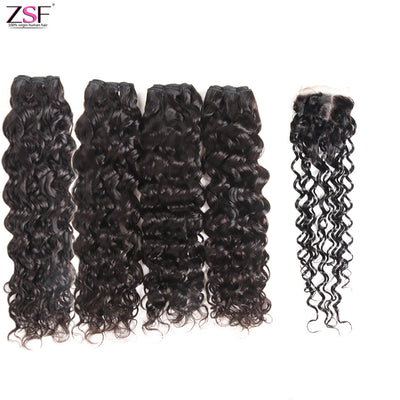 ZSF Water Wave 4Bundles With Lace Closure 8A Grade 100% Human Hair Natural Black
