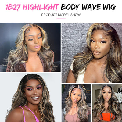 ZSF Hair 1b/27# Highlights Black/Honey Blonde Brazilian Body Wave 5*5/13*4 Lace Wig Pre Plucked 1PC