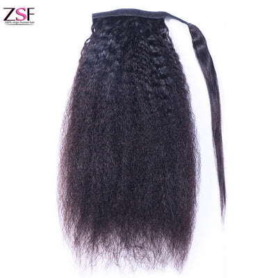 ZSF Kinky Straight Ponytail Human Hair With Clip In Extensions Natural Black One Piece