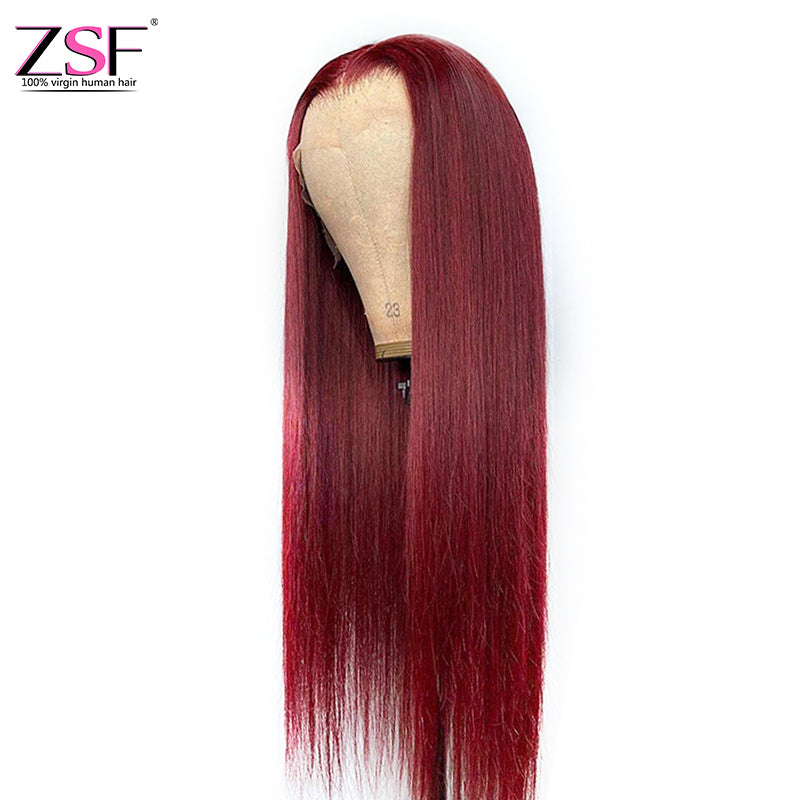 ZSF Hair Burgundy Transparent Lace Wig Brazilian Straight Colored Human Virgin Hair One Piece
