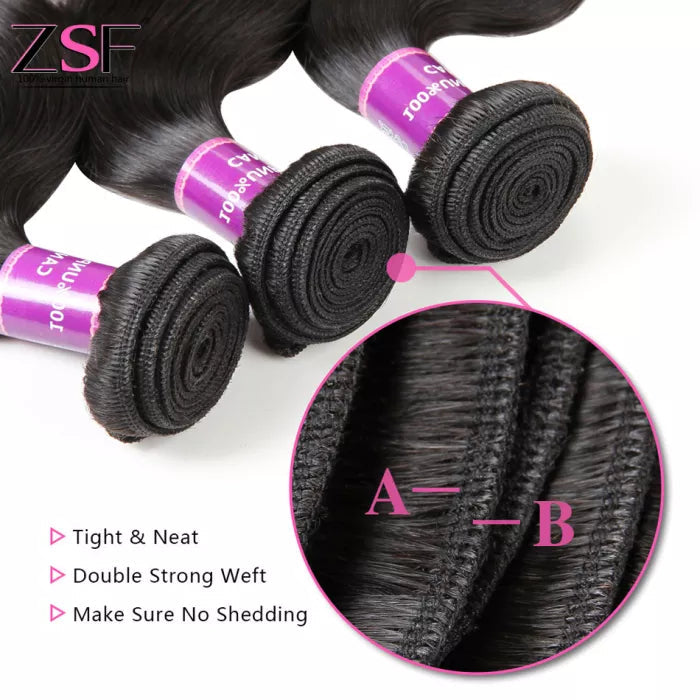 ZSF Body Wave 4Bundles With Lace Closure 8A Grade 100% Human Hair Natural Black