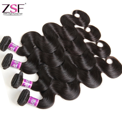ZSF 8A Grade Body Wave Virgin Hair 4Bundles With Frontal 100% Human Hair Natural Black