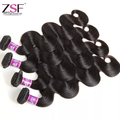 ZSF Body Wave 3Bundles With Lace Closure 8A Grade 100% Human Hair Natural Black