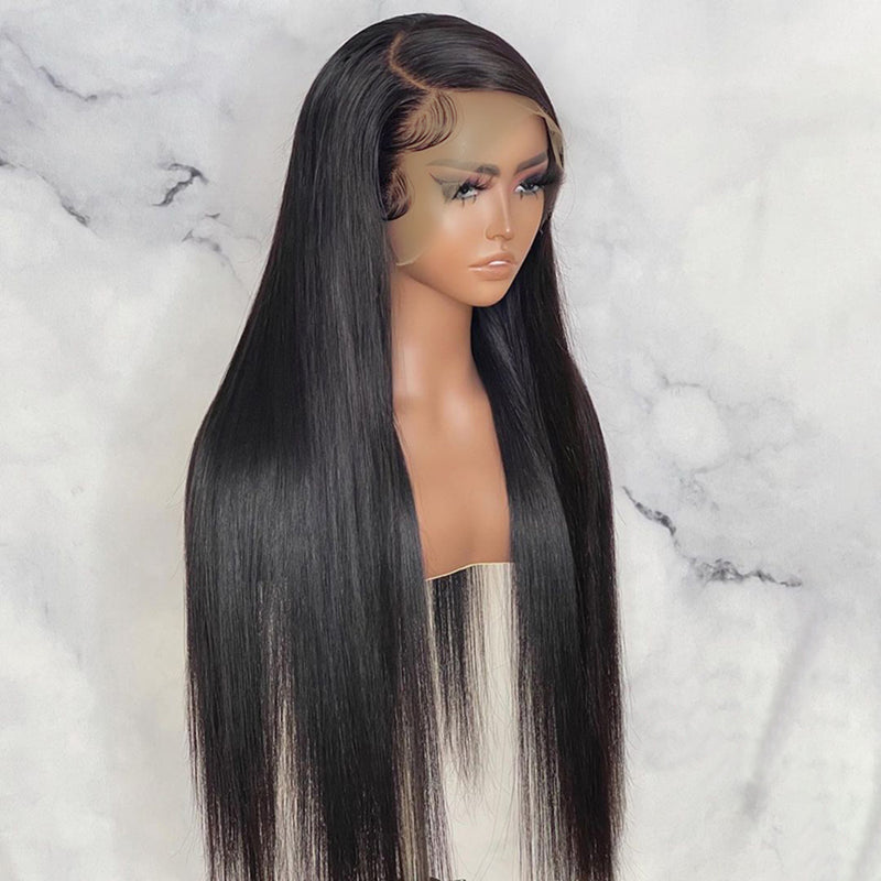 ZSF Undetectable Straight 13*6 Transparent Lace Human Hair Wig Natural Black Hair