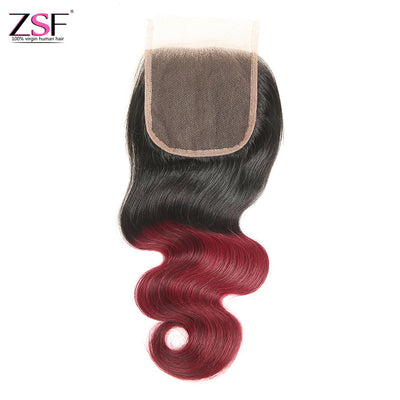 ZSF Hair 8A Grade Body Wave Human Hair 4x4 Lace Closure Ombre Color 1Piece (1b 99j#)