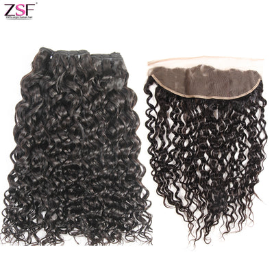 Free Shipping ZSF Hair 8A Grade Water Wave Virgin Hair 3Bundles With 13*4 Lace Frontal Natural Black