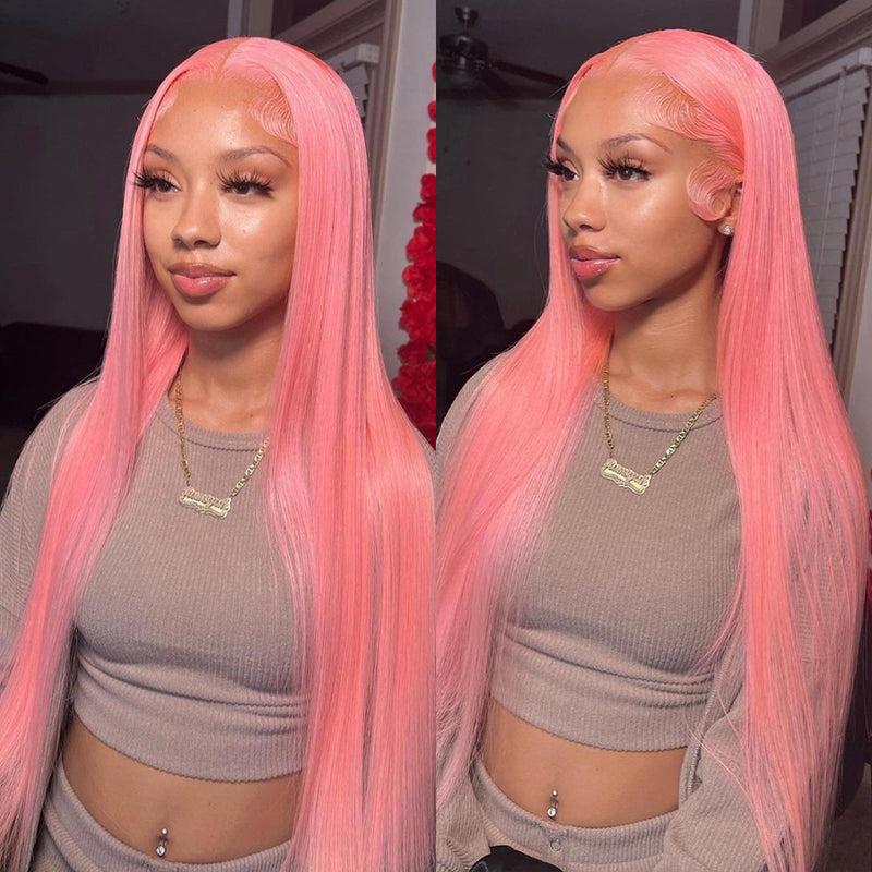 ZSF Pink Colored Wigs Straight Lace Frontal Wig 100% Human Hair 1Piece