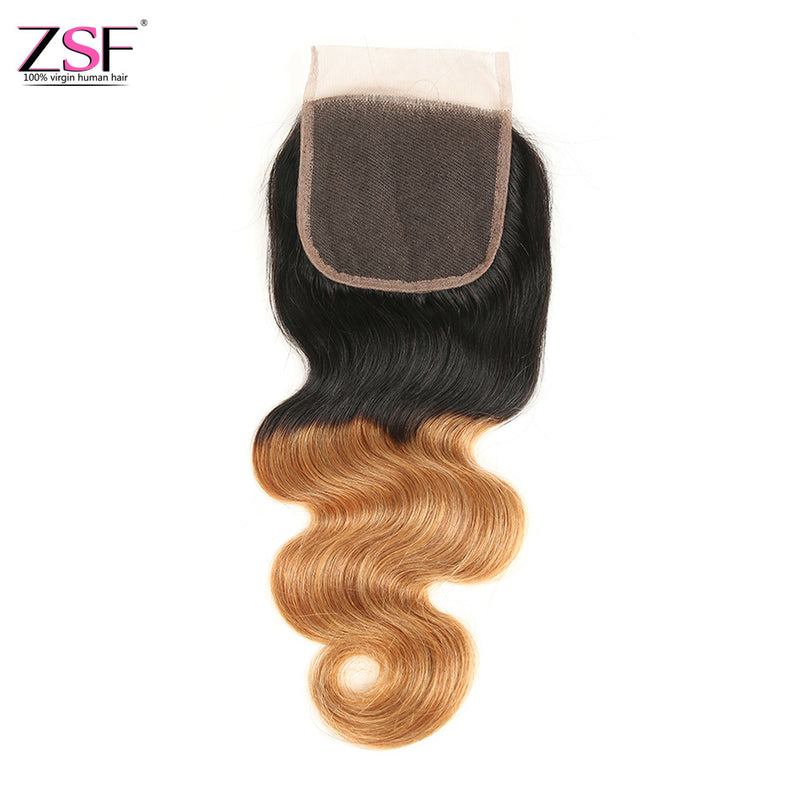 ZSF Hair 8A Grade Body Wave Human Hair 4x4 Lace Closure Ombre Color 1Piece (1b 27