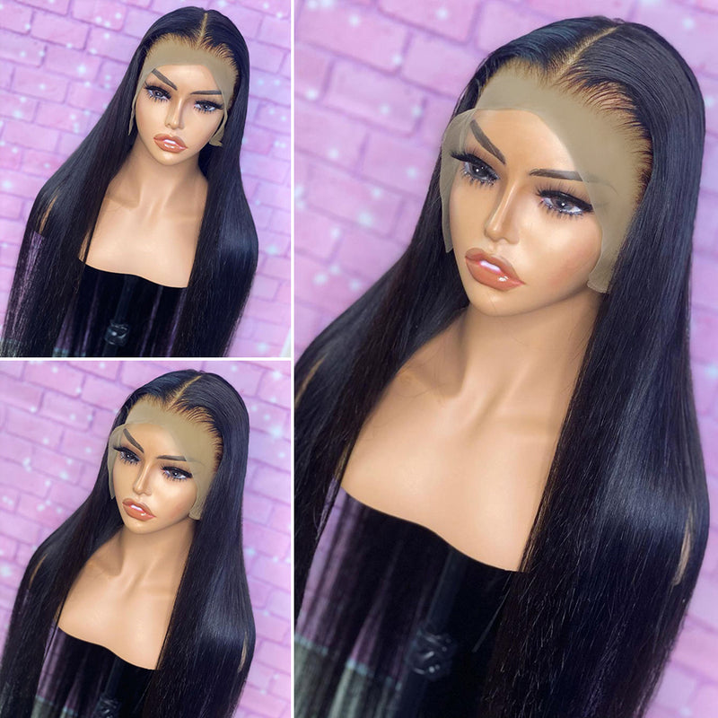 ZSF Undetectable Straight 13*6 Transparent Lace Human Hair Wig Natural Black Hair