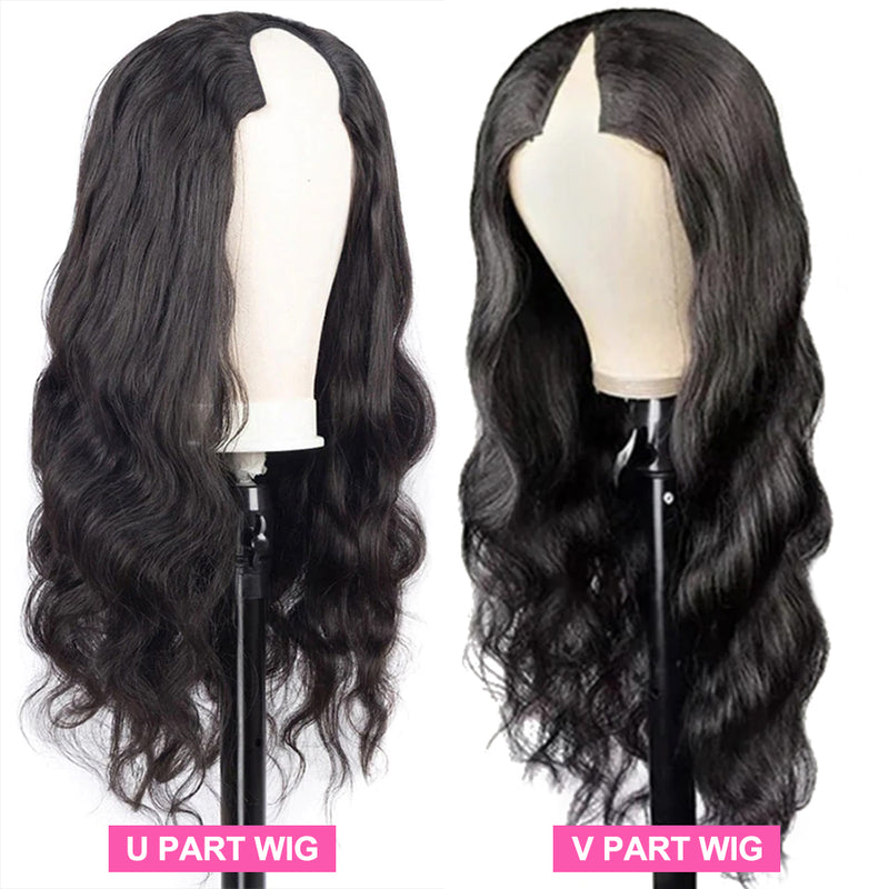 ZSF Hair V Part/U Part Breathable Machine Wig Body Wave Virgin Hair Middle Part Unprocessed Human Hair 1Piece Natural Black