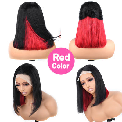 ZSF Hair Peekaboo Color Bob Lace Wig 150% Highlight Straight Virgin Hair Peekaboo Black Red Short Bob Wigs 1Piece