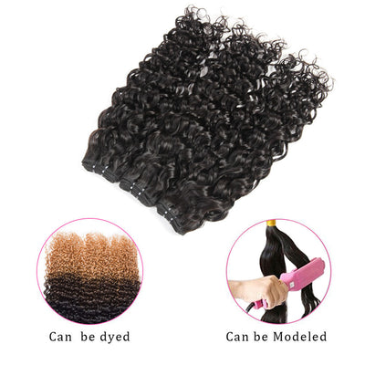 Free Shippng 10A Grade Hair Water Wave Virgin Hair 3Bundles With Closure 100% Human Hair Natural Black