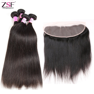 Free Shippng ZSF Hair 8A Grade Straight Virgin Hair 4Bundles With Frontal 100% Human Hair Extension Natural Black