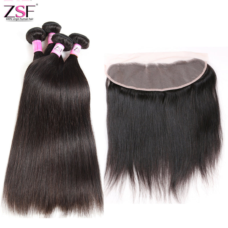 ZSF Hair 8A Grade Straight Virgin Hair 4Bundles With Frontal 100% Human Hair Extension Natural Black