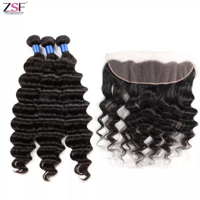 Free Shipping ZSF Hair Loose Deep Wave Virgin Hair 3Bundles With 13*4 Lace Frontal Natural Black 8A Grade